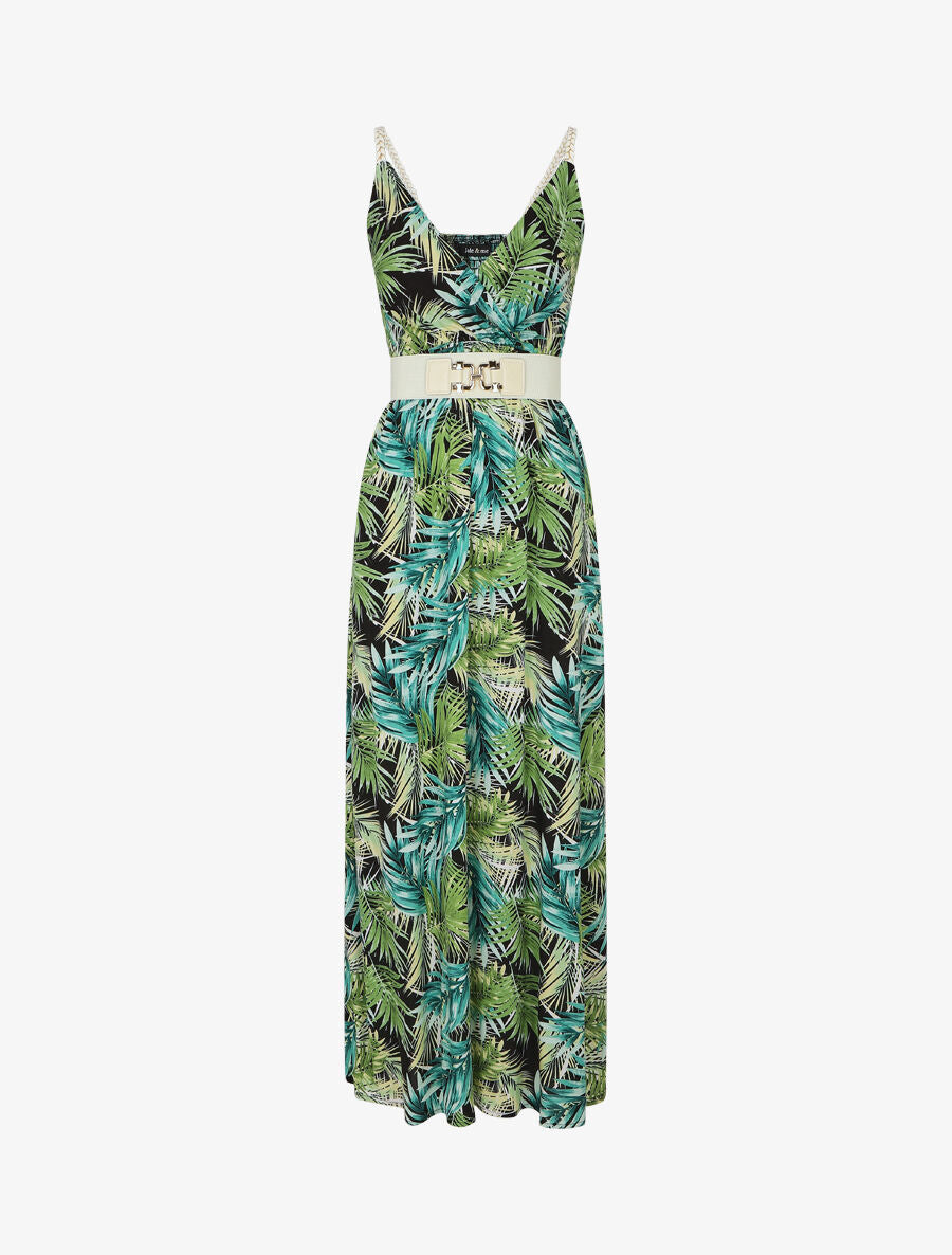 Robe longue élastiquée imprimé feuilles - Noir - 1