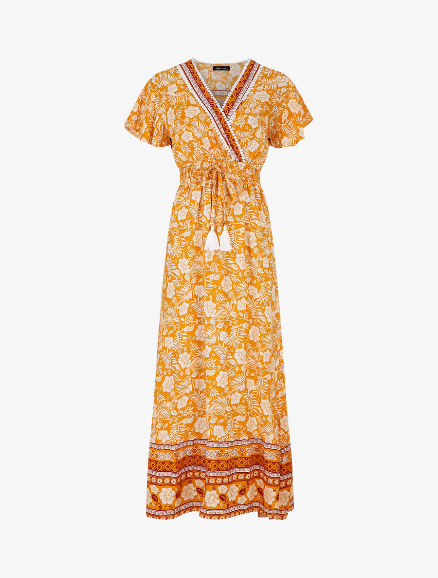 Robe imprimé fleuri à manches volantées - Orange - 1