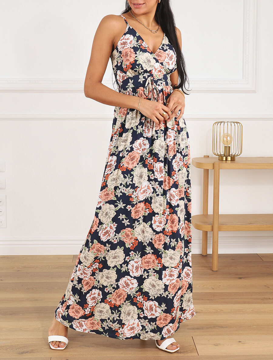 Robe longue imprimé multi-fleurs - Marine - 4