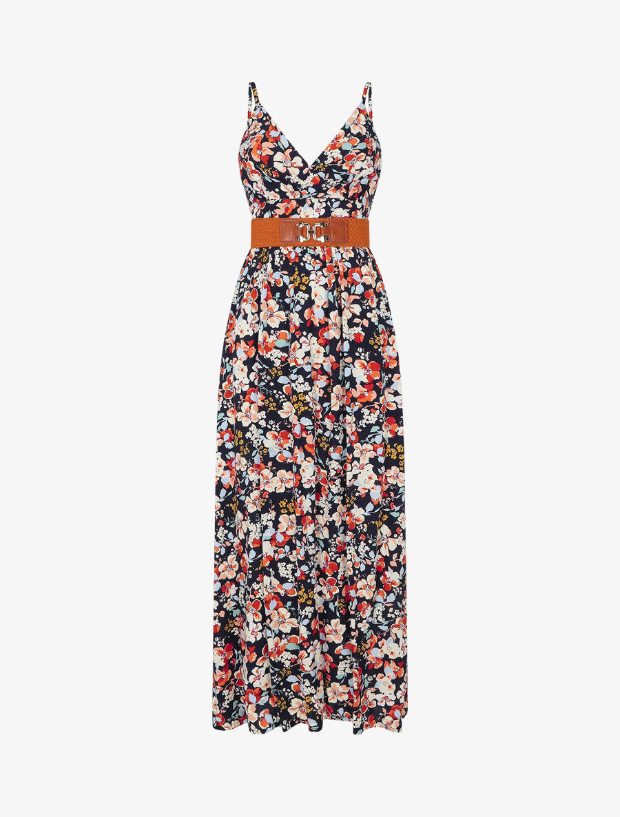 Robe longue imprimé fleurs printannières - Marine - 1
