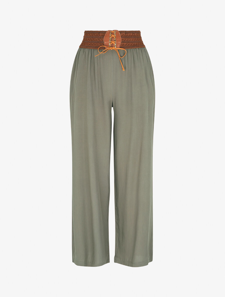 Pantalon uni taille haute style corset - Kaki - 5