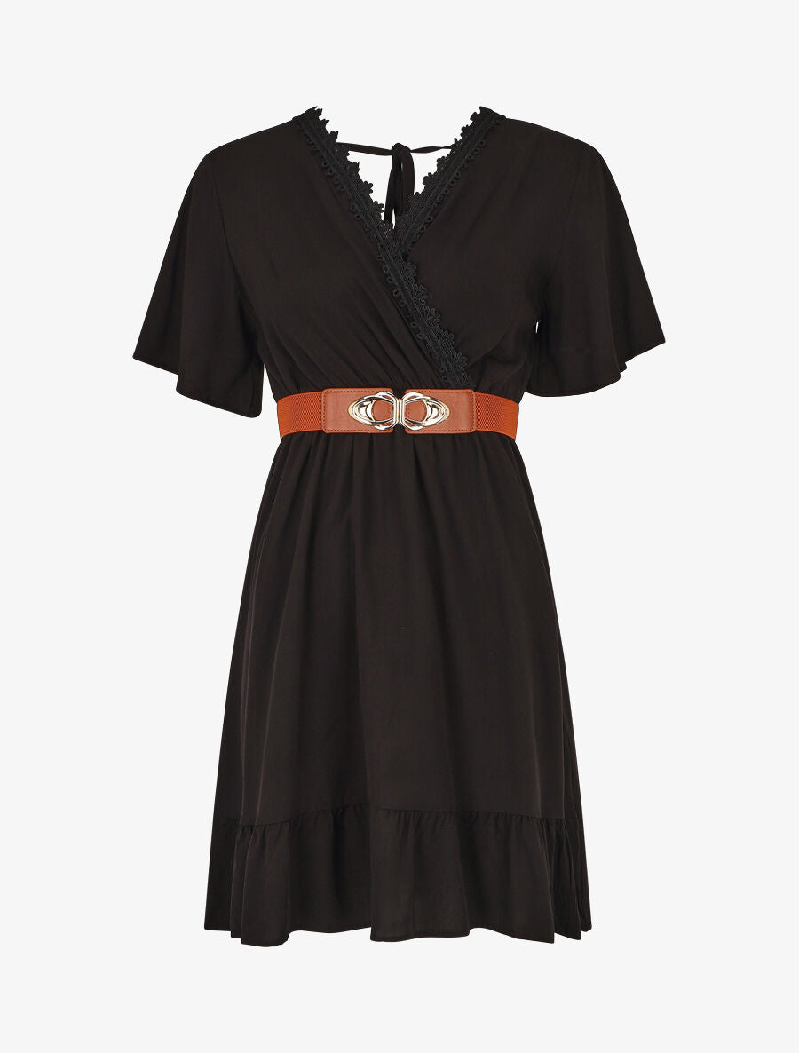 Robe courte unie col dentelle et bords volantés - Noir - 4