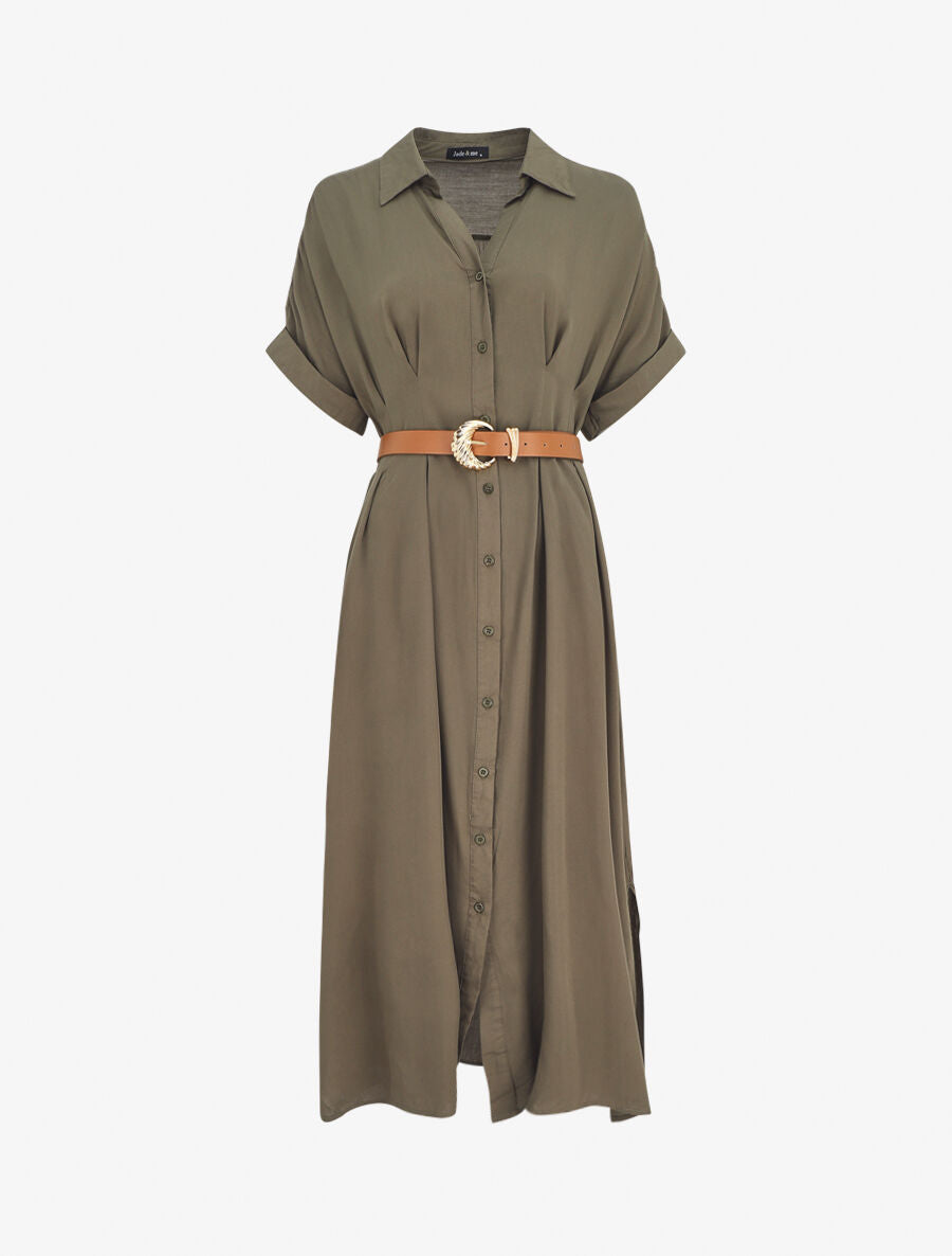 Robe chemise longue ceinturée - Kaki - 1
