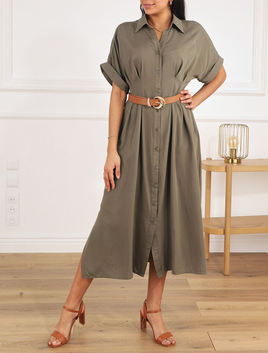 Robe chemise longue ceinturée - Kaki - 4