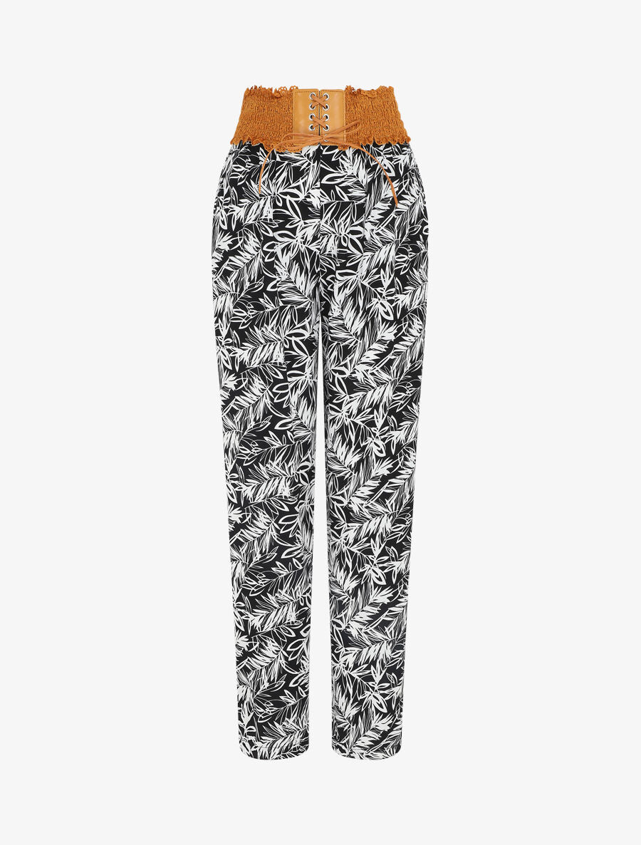 Pantalon droit taille haute imprimé végétal - Noir - 1