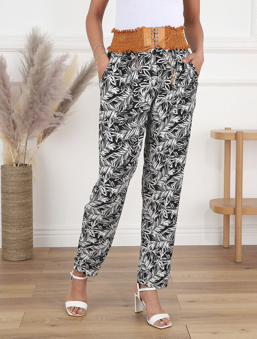 Pantalon droit taille haute imprimé végétal - Noir - 4