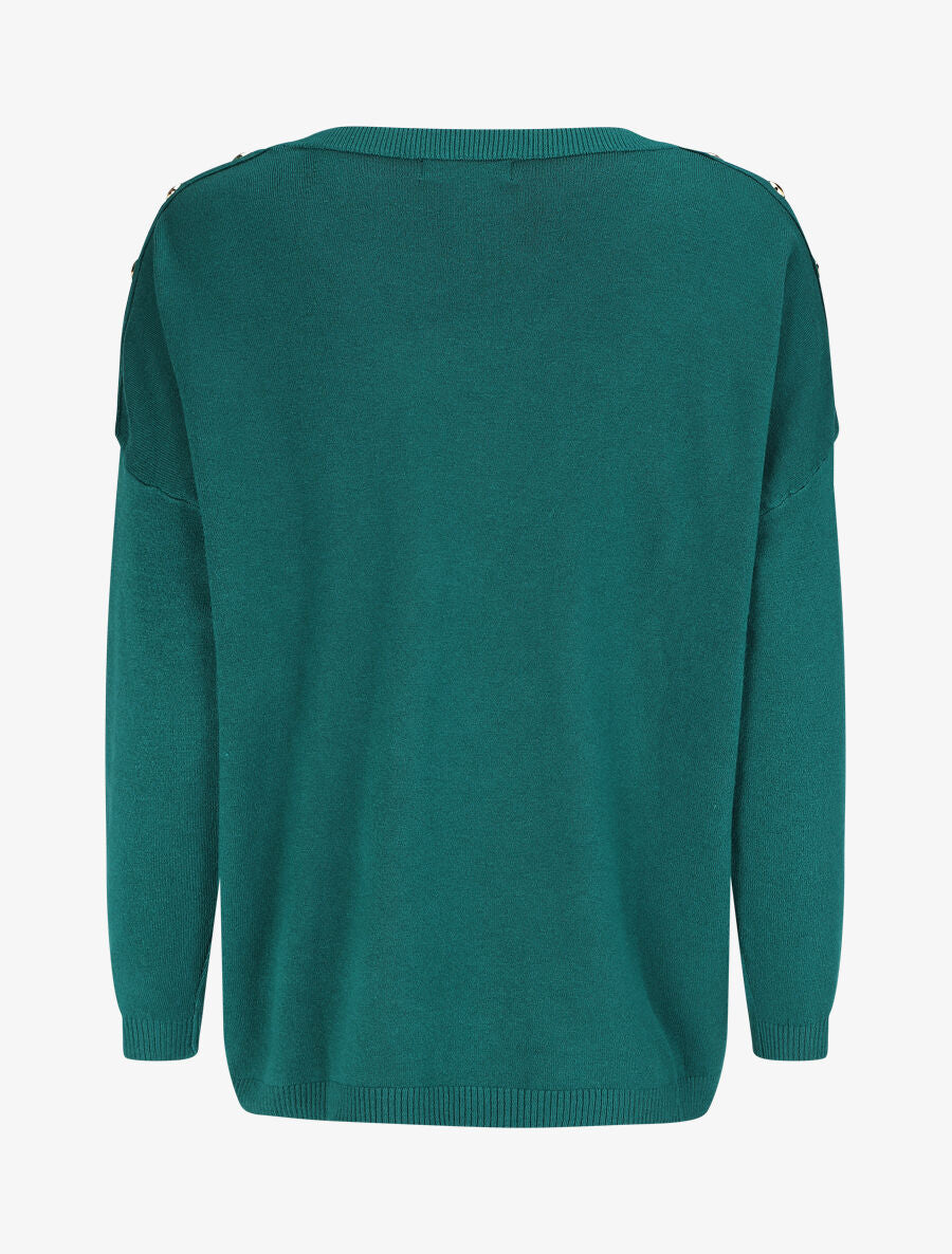 Pull fin à col rond et boutons décoratifs - Vert sapin - 2