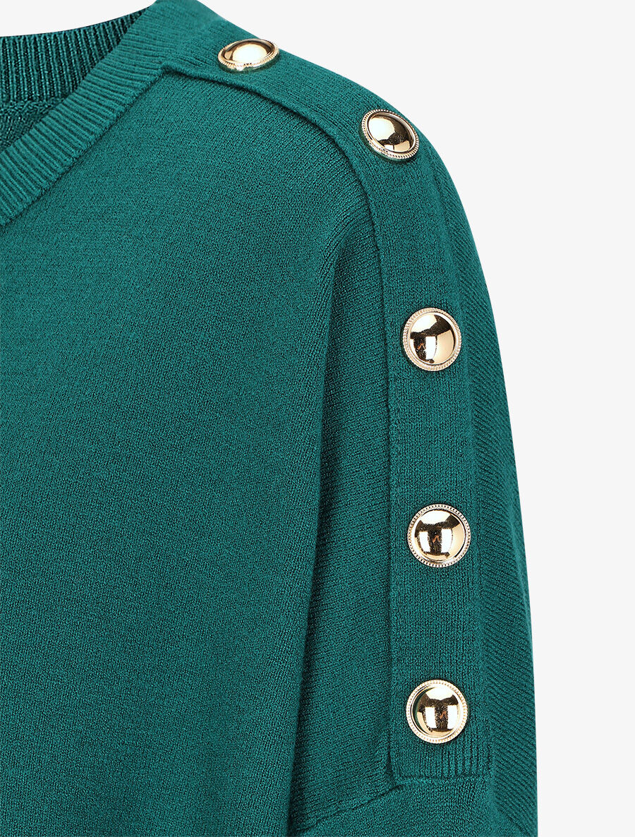 Pull fin à col rond et boutons décoratifs - Vert sapin - 3