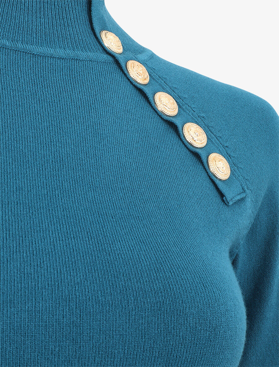 Pull fin uni et boutons décoratifs - Bleu canard - 3