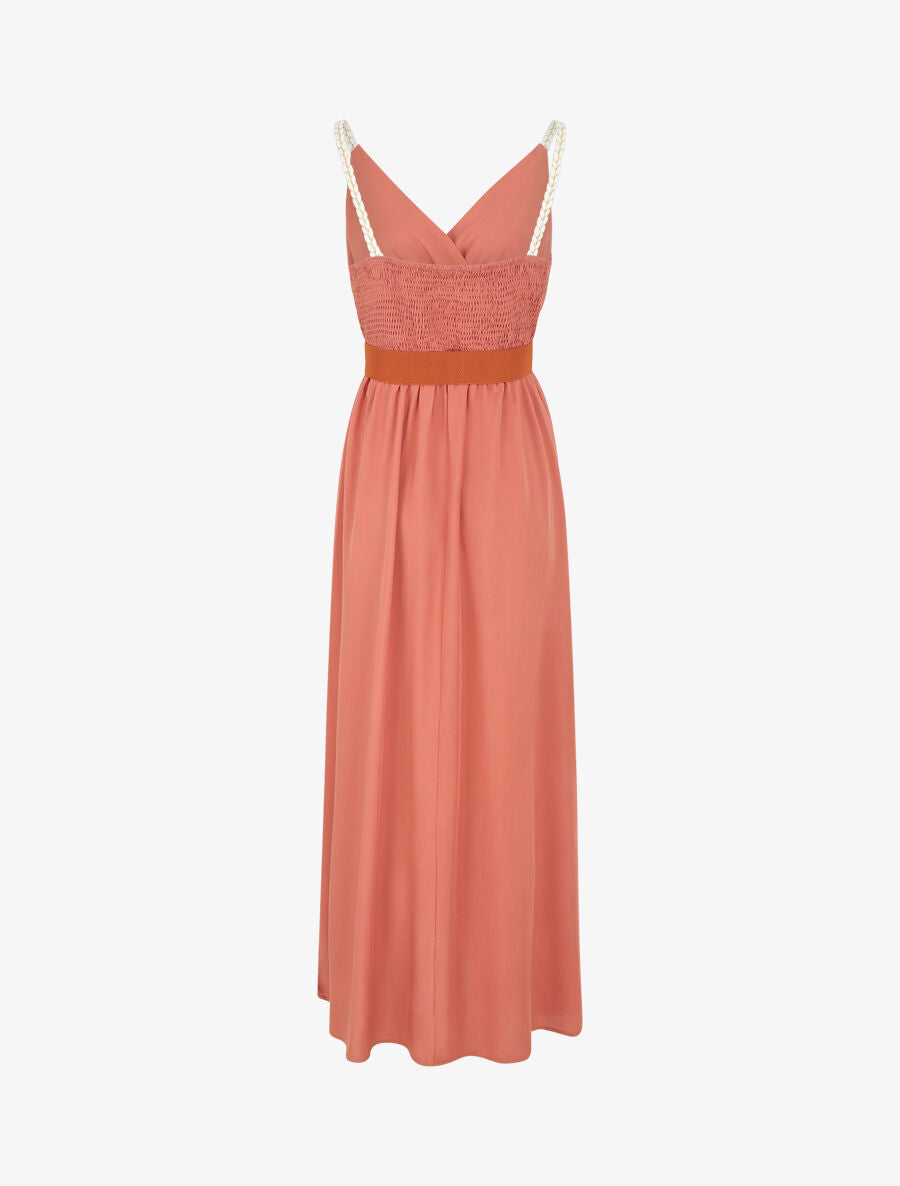 Robe longue unie à bretelles fantaisies - Corail - 2