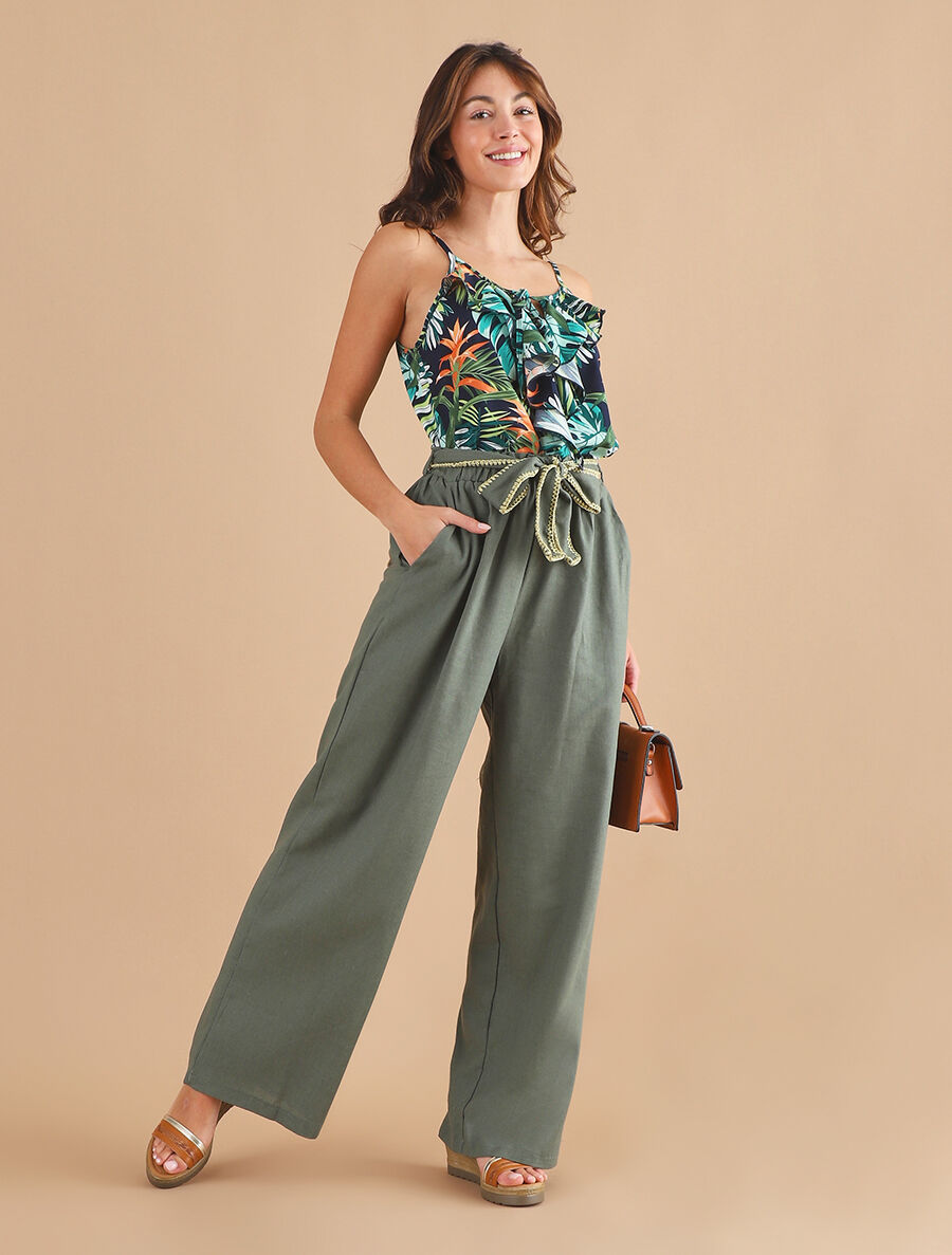 Pantalon élastiqué effet lin à ceinture stylisé - Kaki - 4