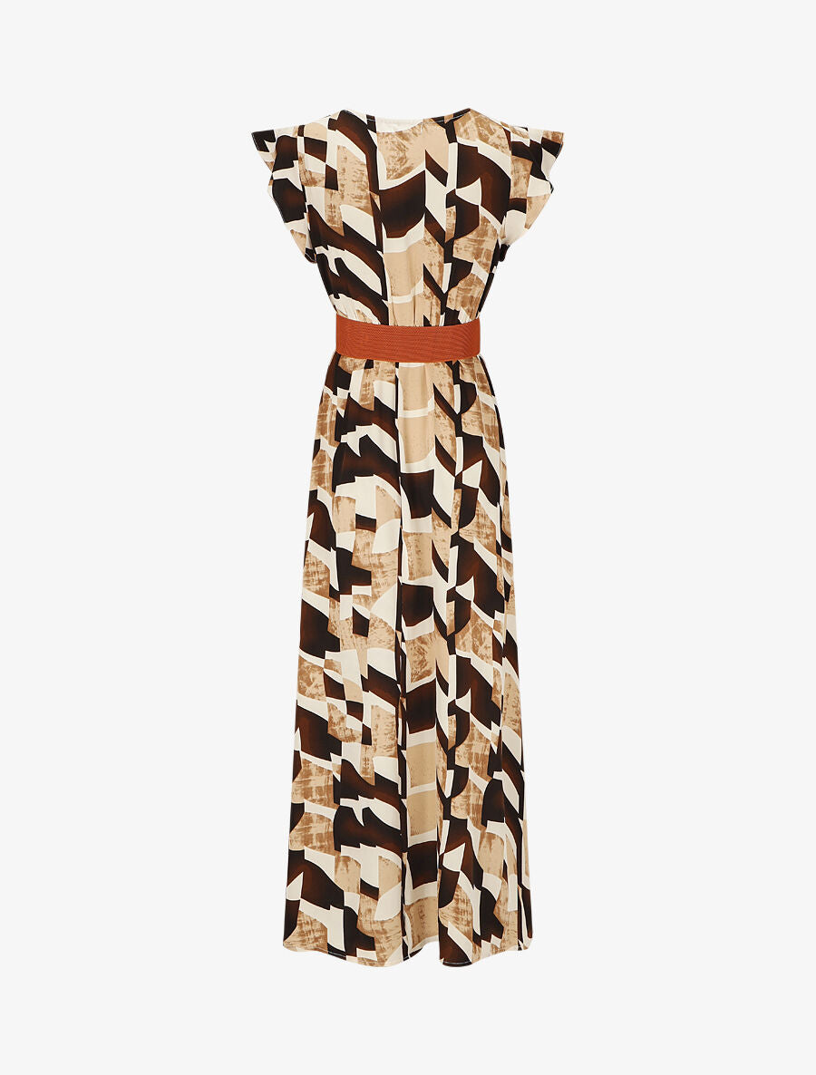 Robe imprimé graphique à manches courtes volantées - Beige - 2