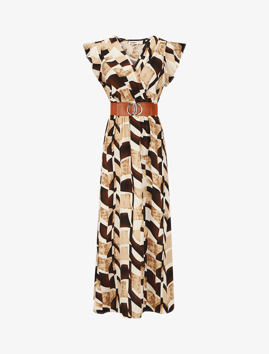 Robe imprimé graphique à manches courtes volantées - Beige - 6