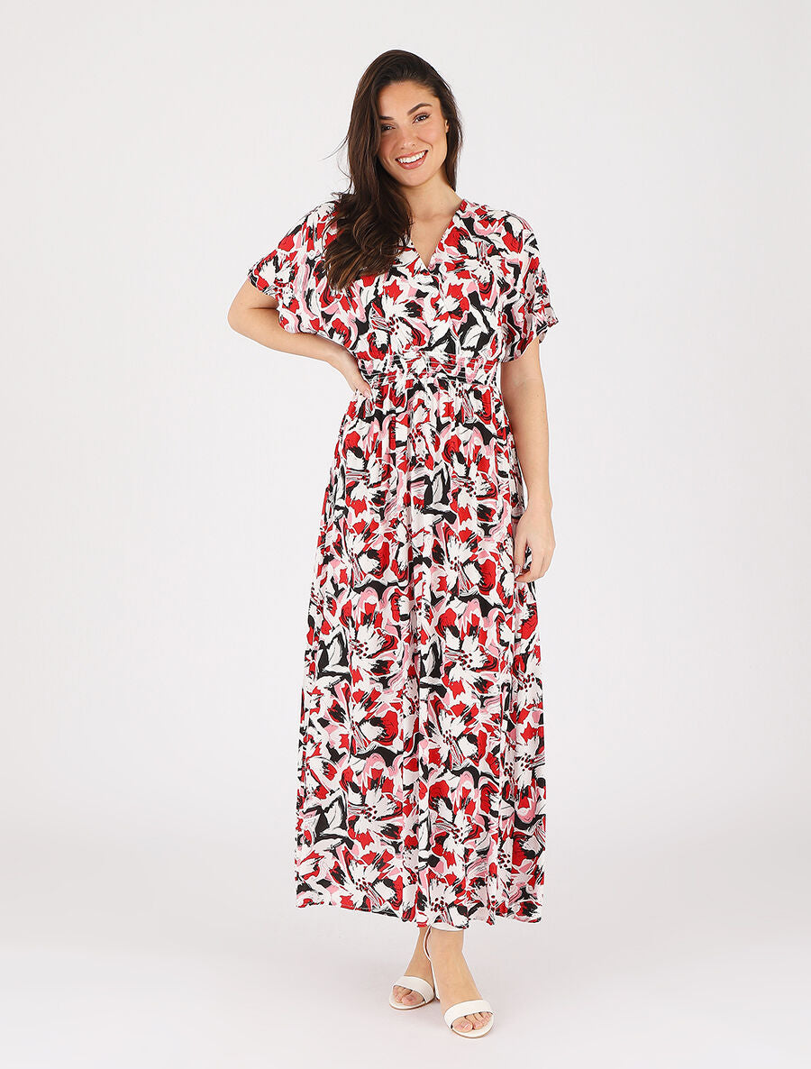 Robe longue manches courtes imprimé tropical - Rouge - 4