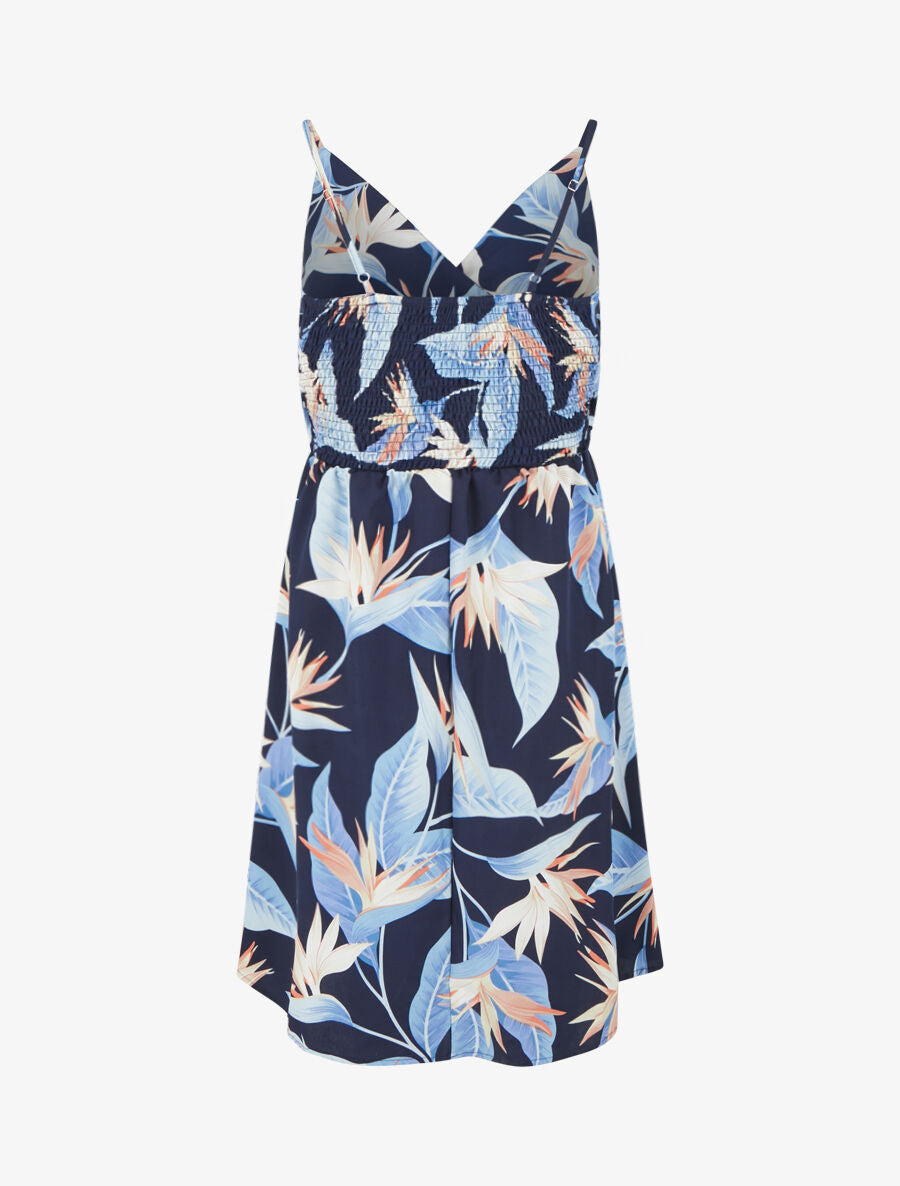 Robe mi-longue imprimé feuilles - Marine - 2