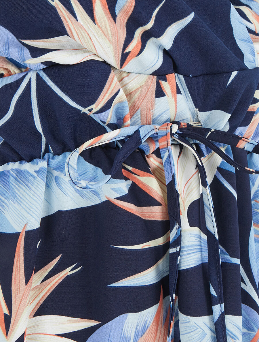 Robe mi-longue imprimé feuilles - Marine - 3
