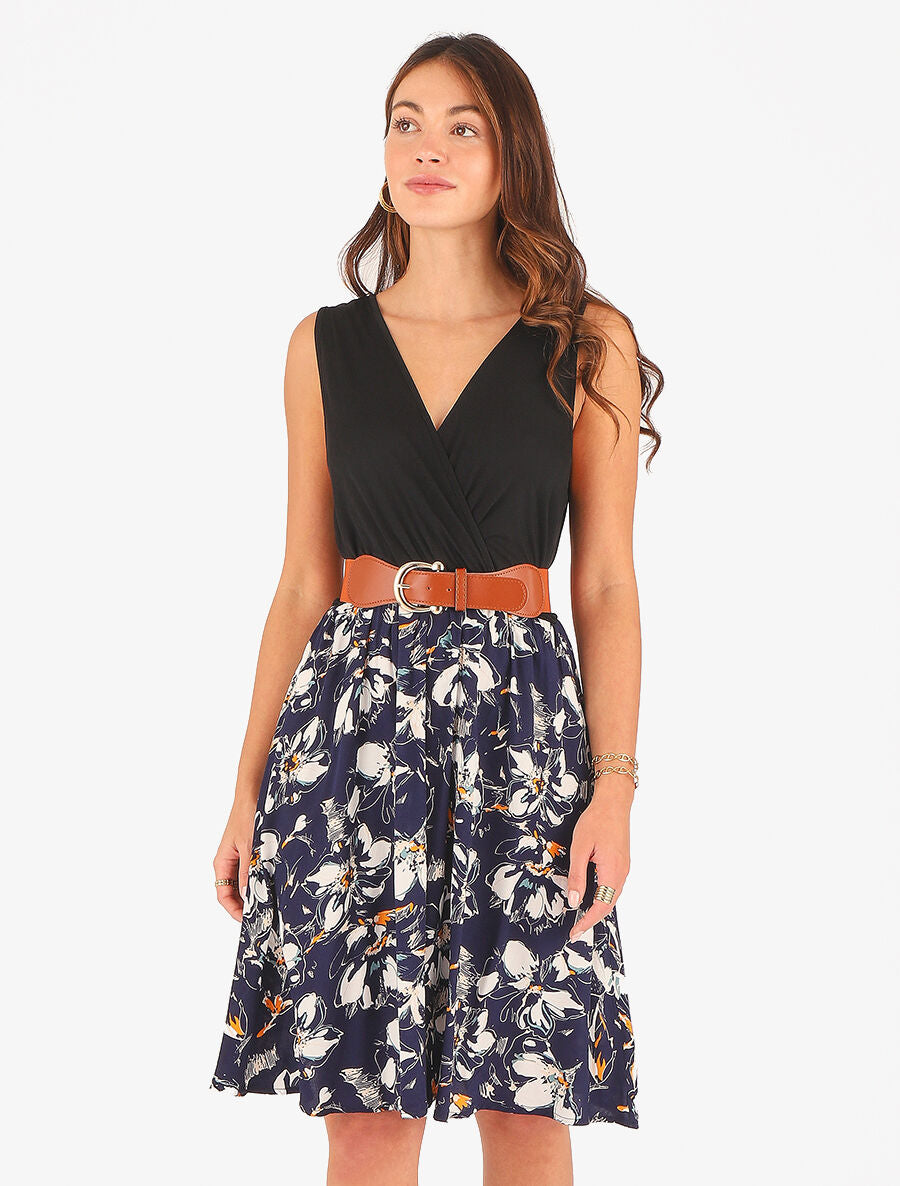 Robe mi-longue sans manches imprimé floral - Marine - 4