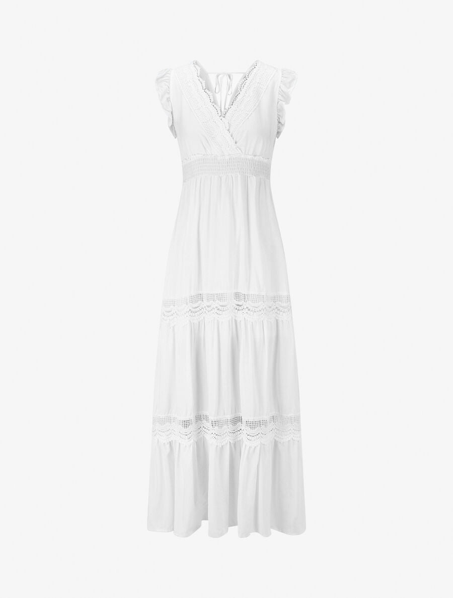 Robe longue unie ajourée - Blanc - 1