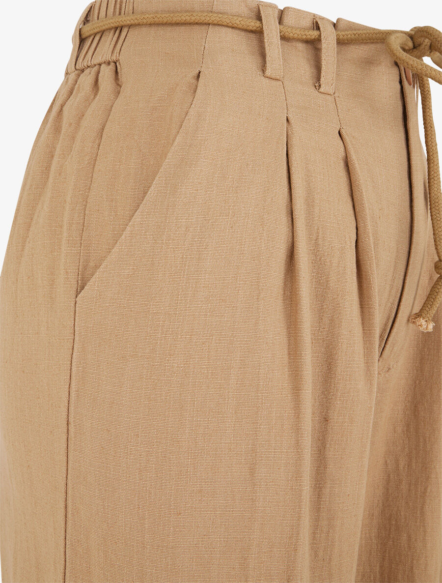 Pantalon large élastiqué effet lin - Camel - 3