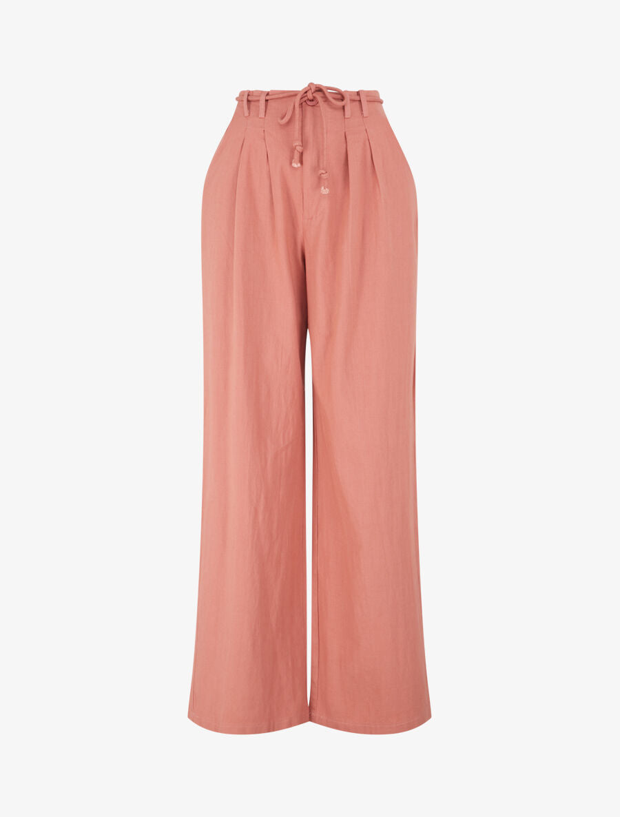 Pantalon large élastiqué effet lin - Corail - 1