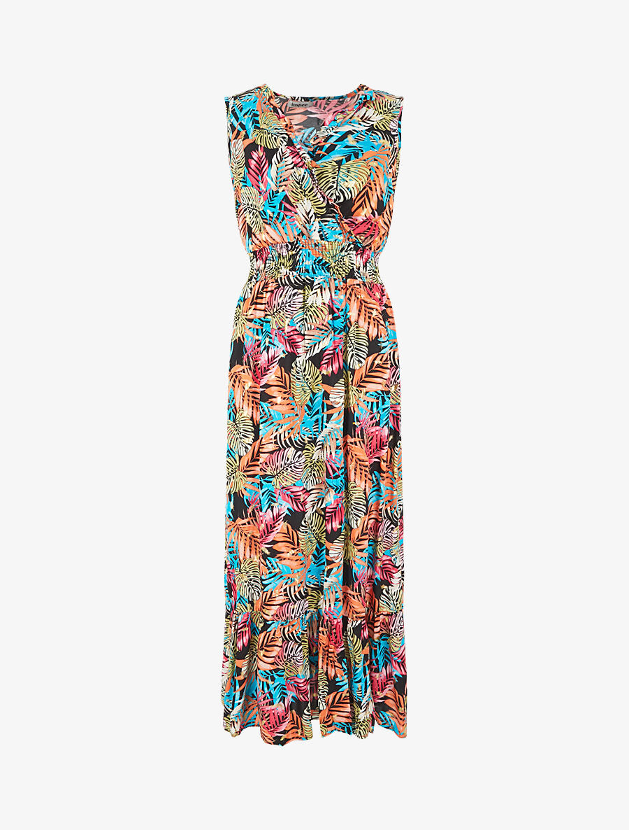 Robe longue évasée imprimé tropical sans manches - Noir/turquoise - 1