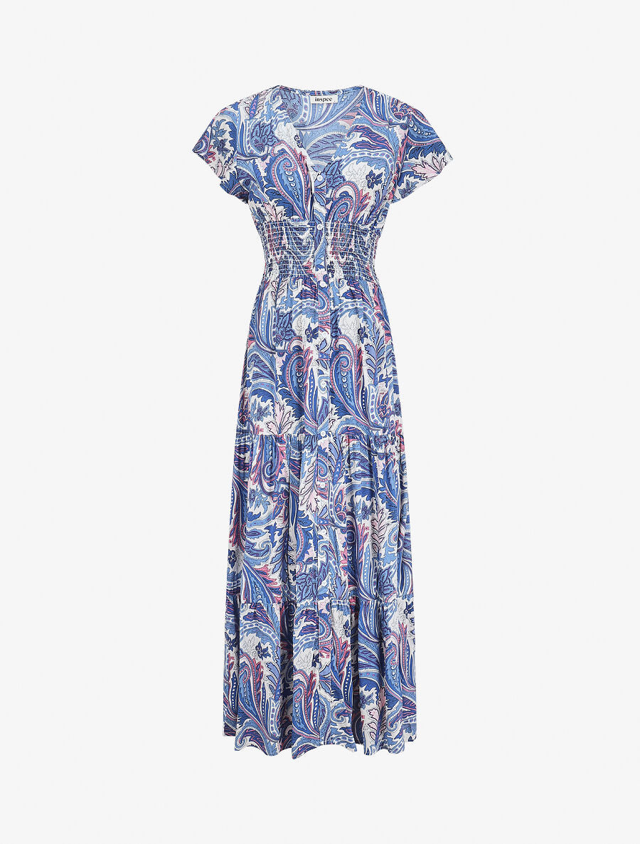 Robe longue à manches courtes imprimé cachemire - Bleu - 1