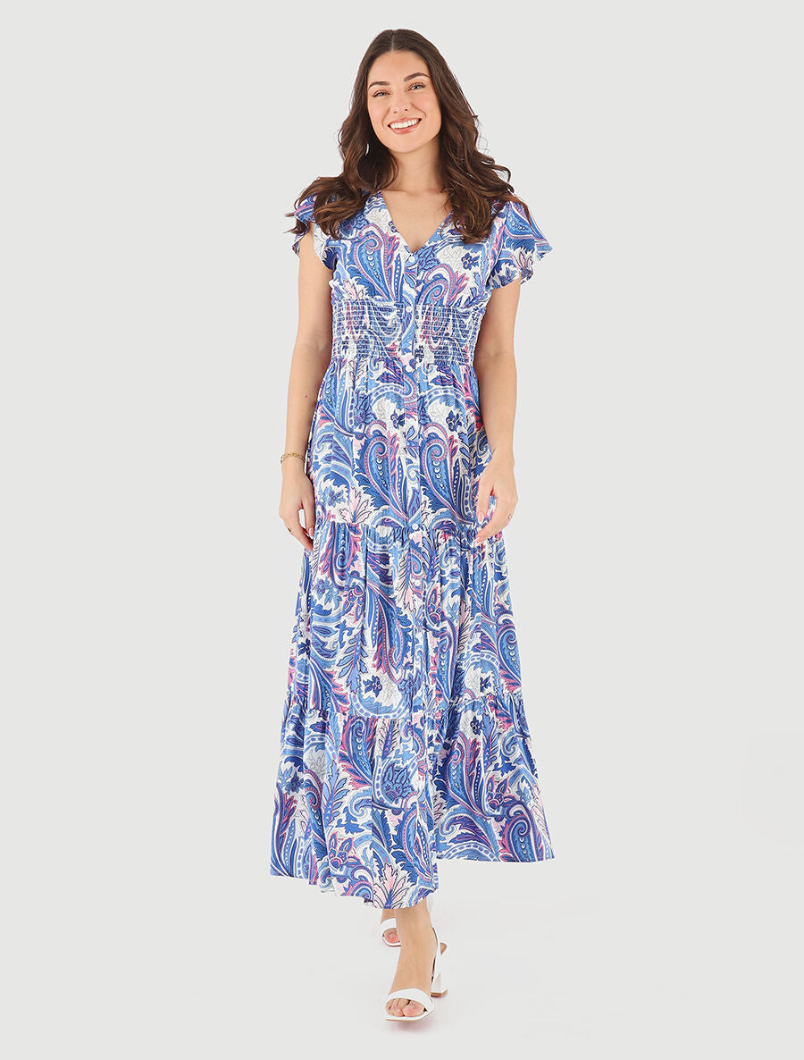 Robe longue à manches courtes imprimé cachemire - Bleu - 4