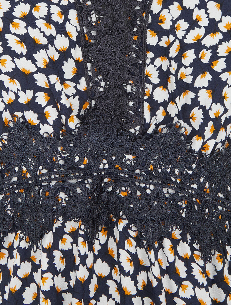 Robe longue fleurs à detail broderies - Marine - 3