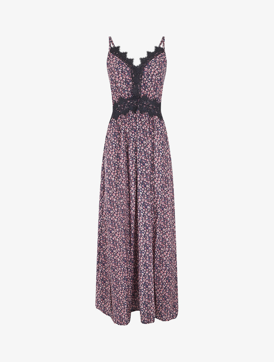 Robe longue petites fleurs à detail broderies - Marine - 6