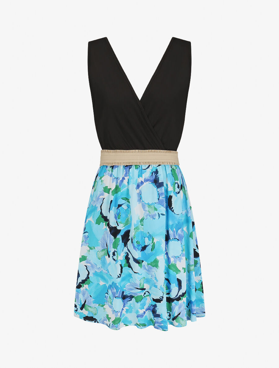 Robe élastiquée à jupe imprimé abstrait - Bleu - 5