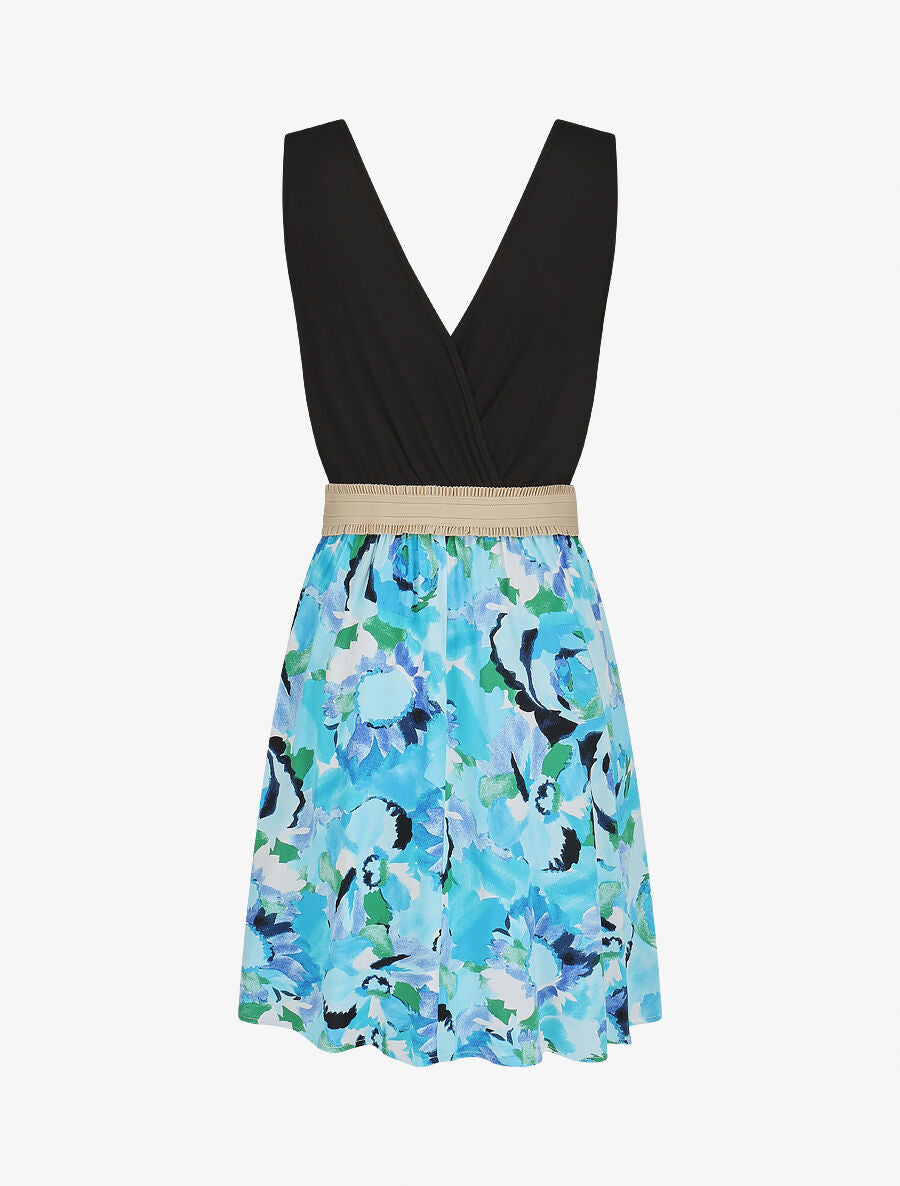 Robe élastiquée à jupe imprimé abstrait - Bleu - 2