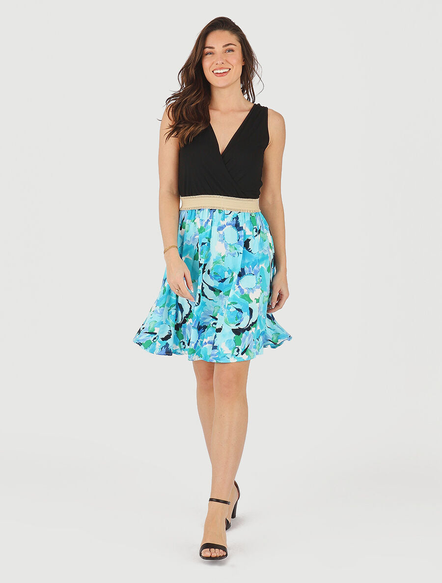 Robe élastiquée à jupe imprimé abstrait - Bleu - 4