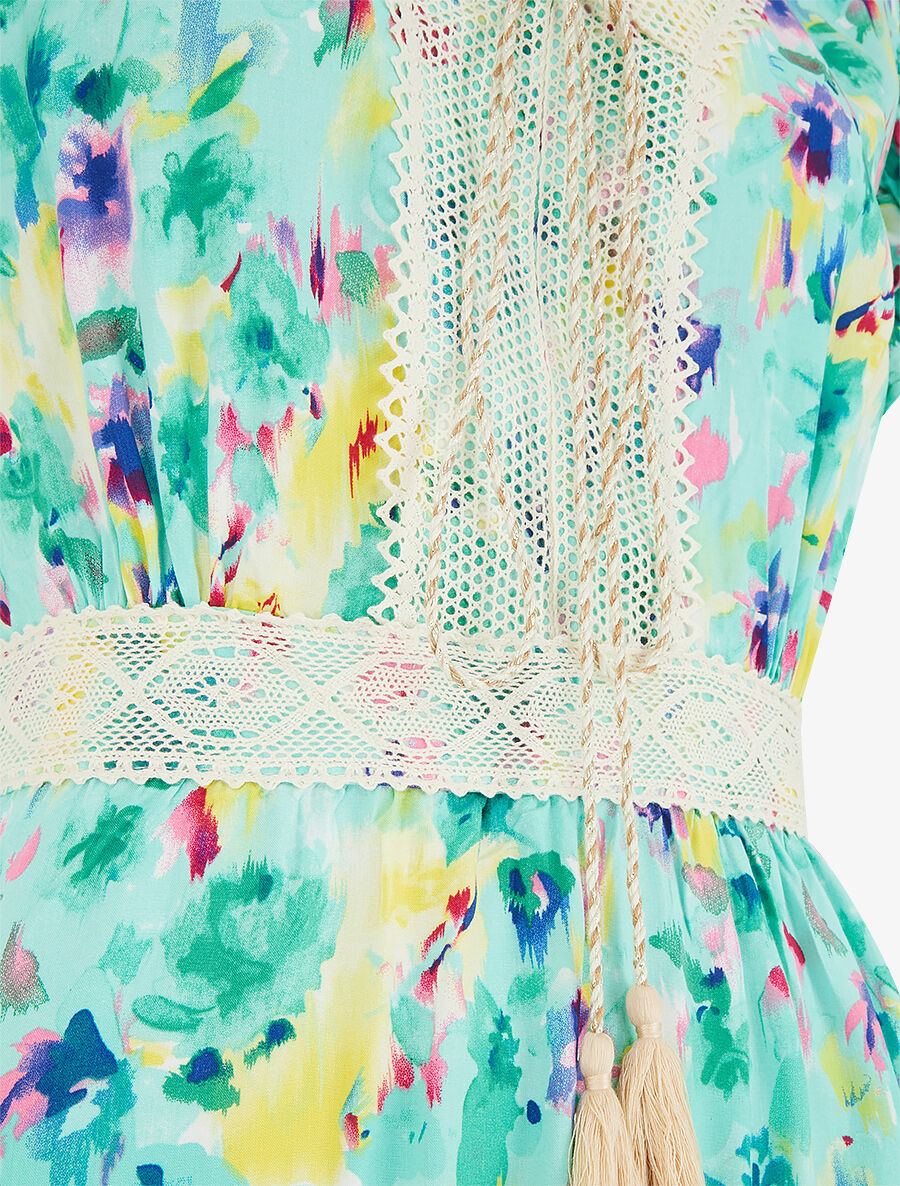 Robe imprimé aquarelle à col V brodé - Vert d&