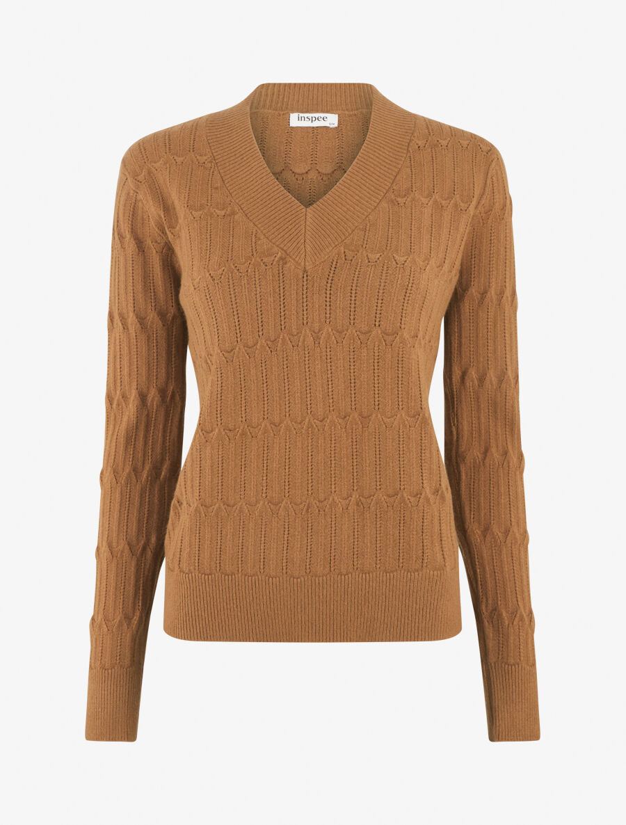 Pull droit uni à col V - Camel - 1