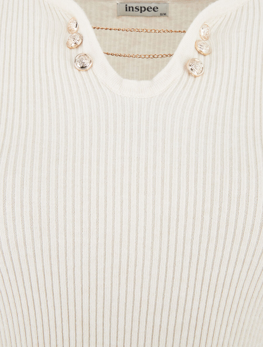 Pull côtelé ajusté à col bijoux - Écru - 3