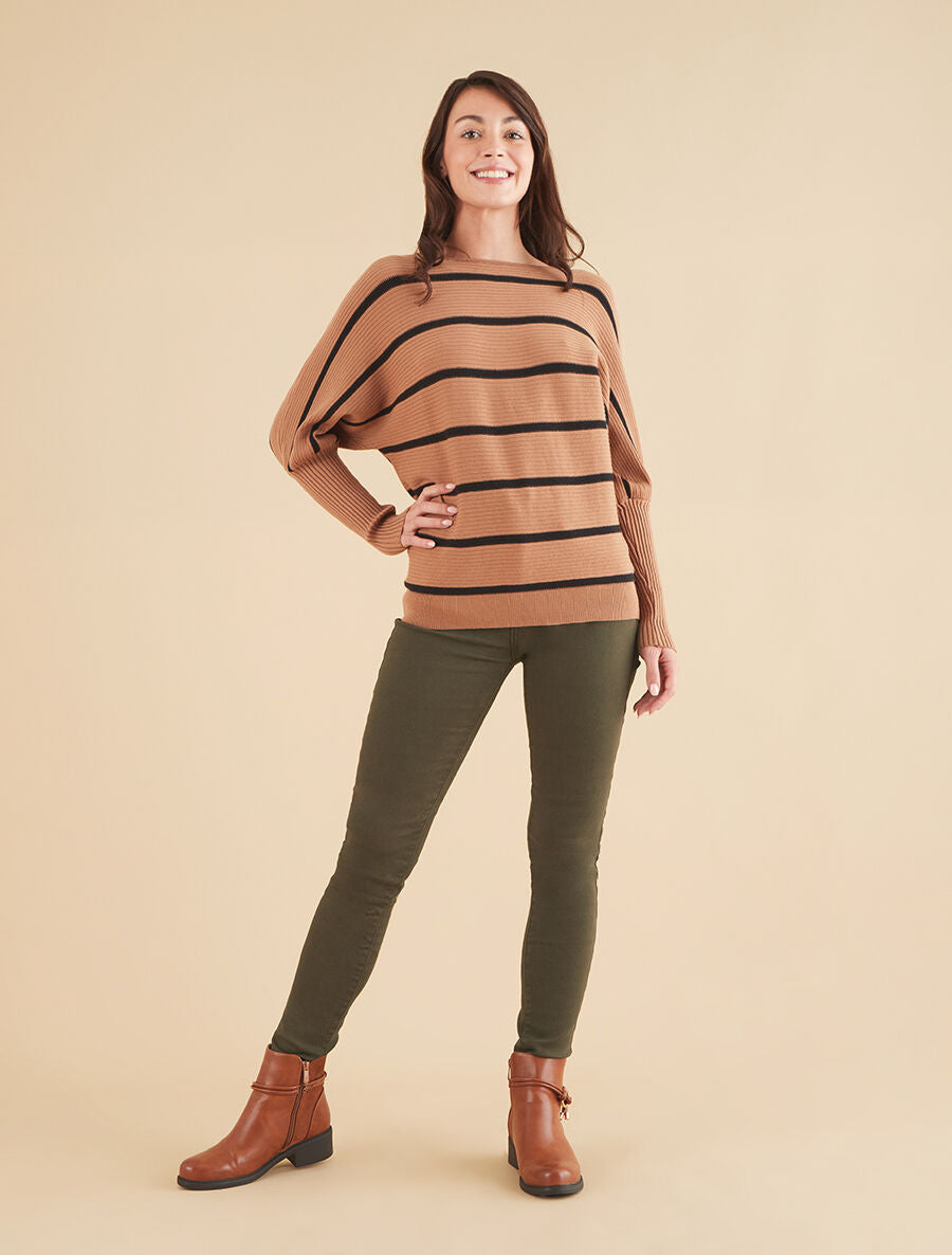 Pull rayé à manches longues - Camel - 4