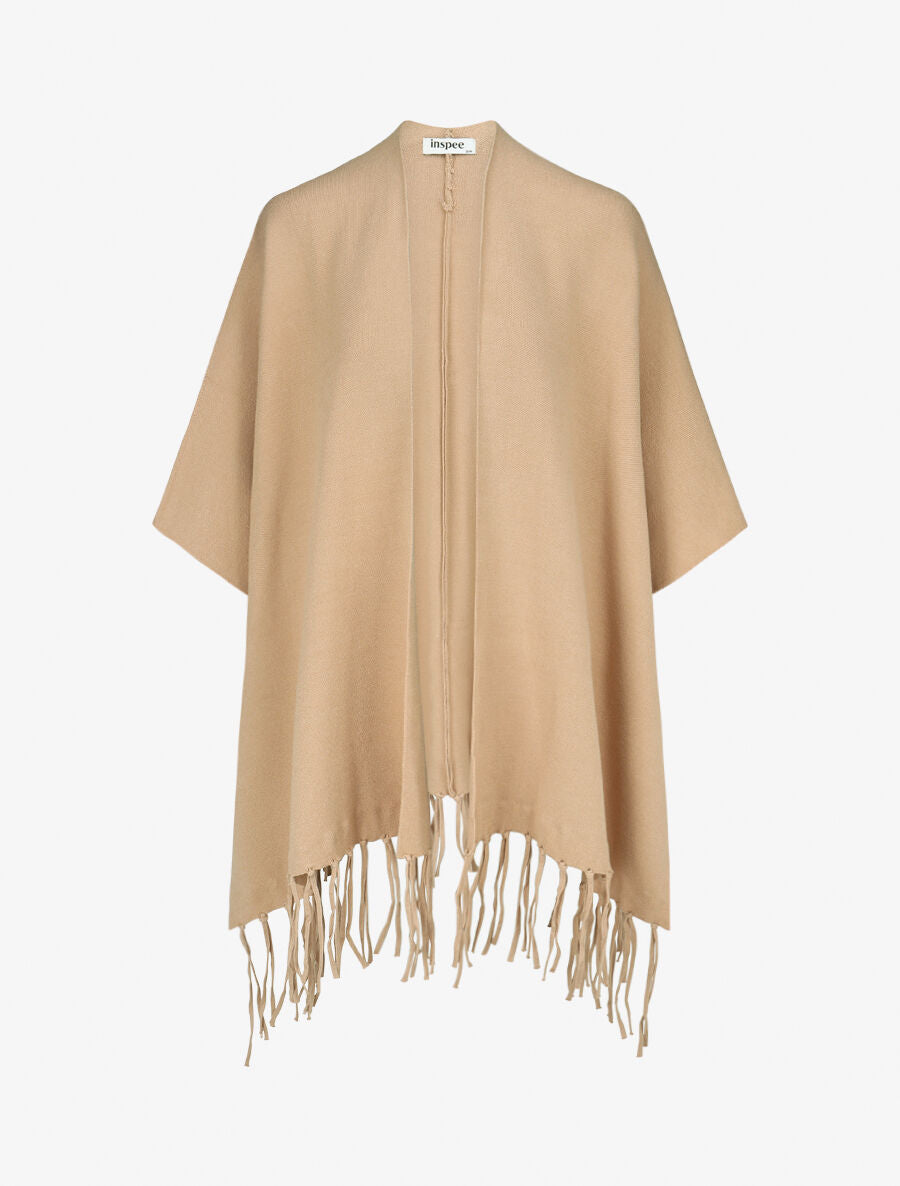 Poncho uni et franges - Camel - 1