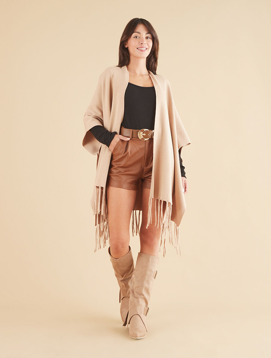 Poncho uni et franges - Camel - 4