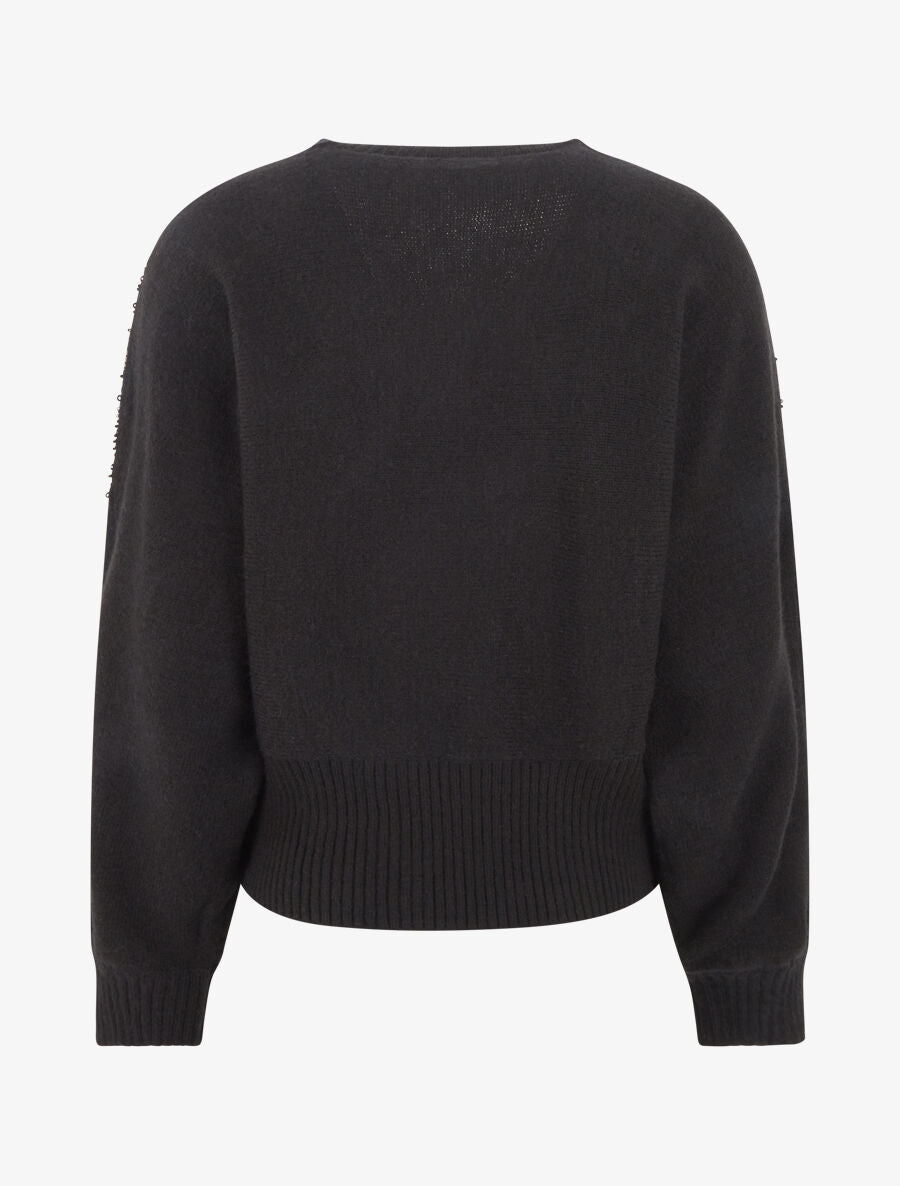 Pull uni à empiècement strass et perles aux épaules - Noir - 2
