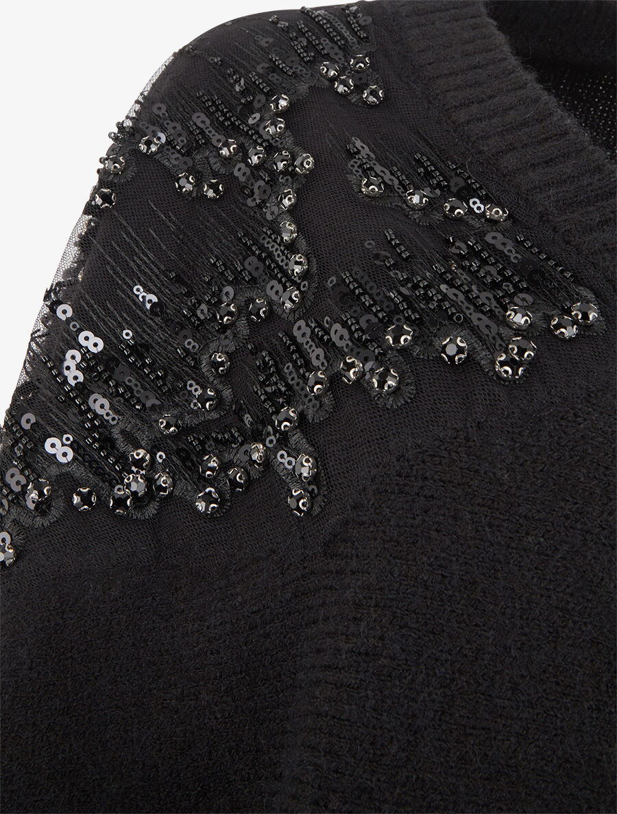 Pull uni à empiècement strass et perles aux épaules - Noir - 3