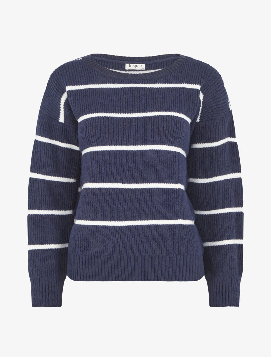 Pull droit col rond à rayures - Marine - 1