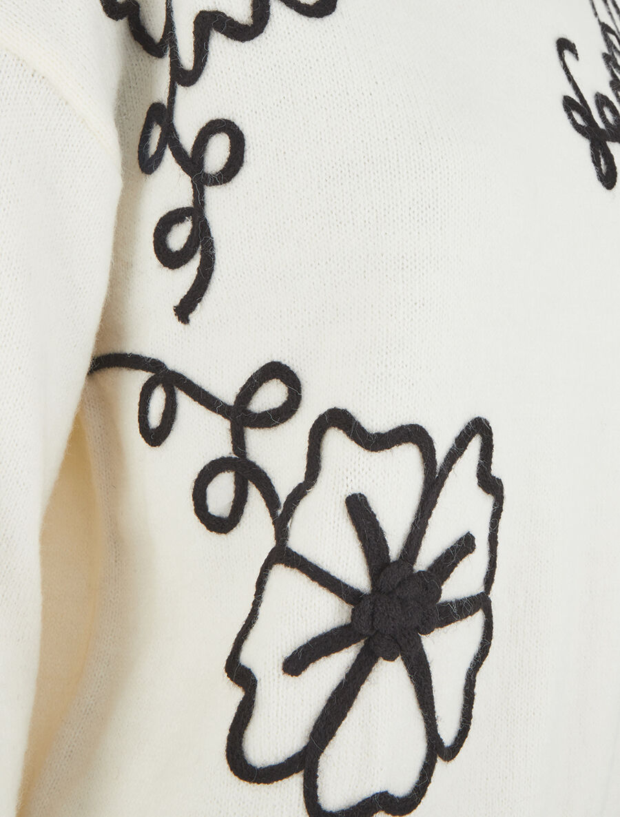 Pull droit à fleurs brodées - Blanc - 3