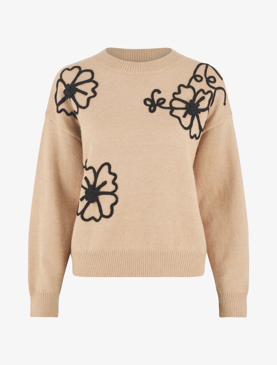 Pull droit à fleurs brodées - Beige - 1