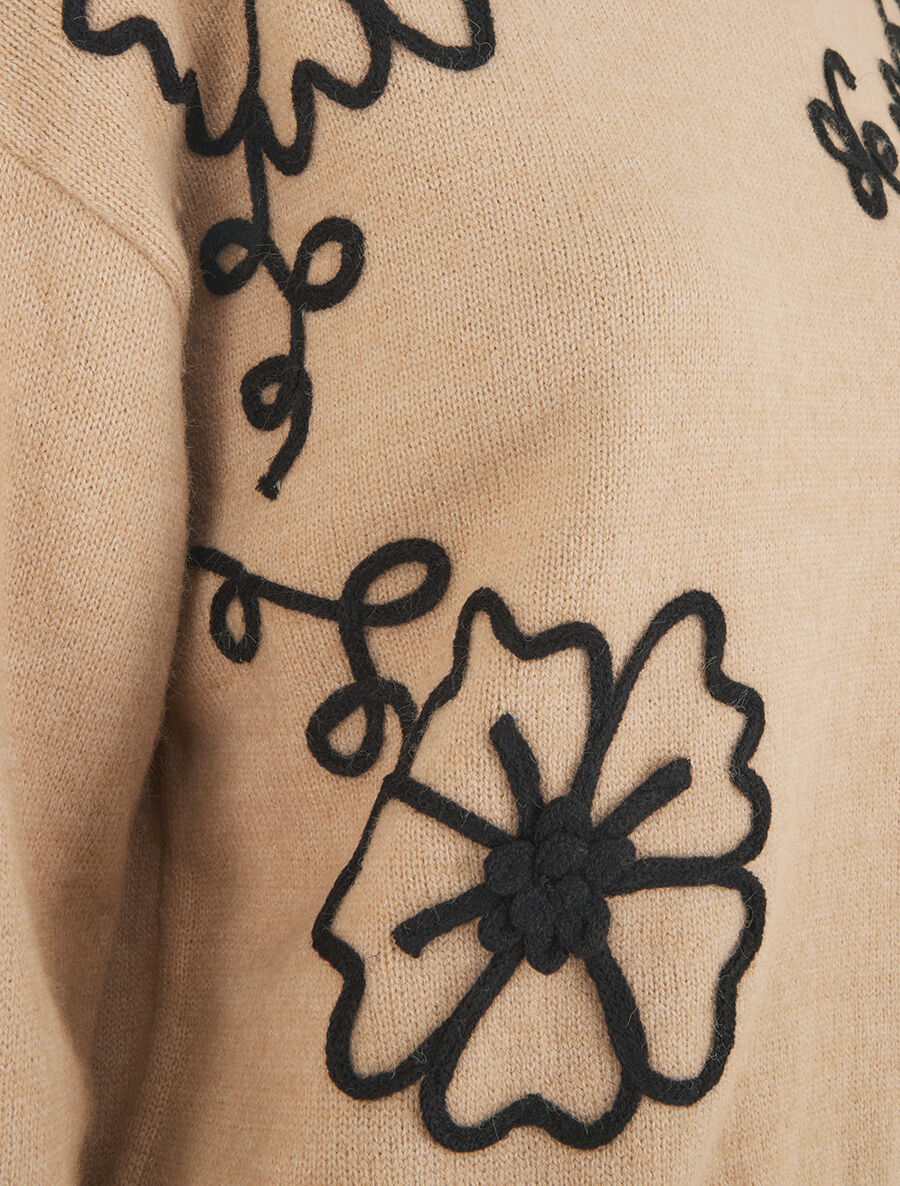 Pull droit à fleurs brodées - Beige - 3