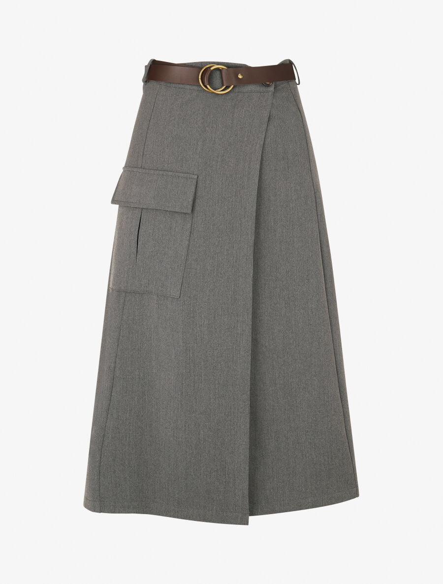 Jupe portefeuille ceinturée - Gris - 1
