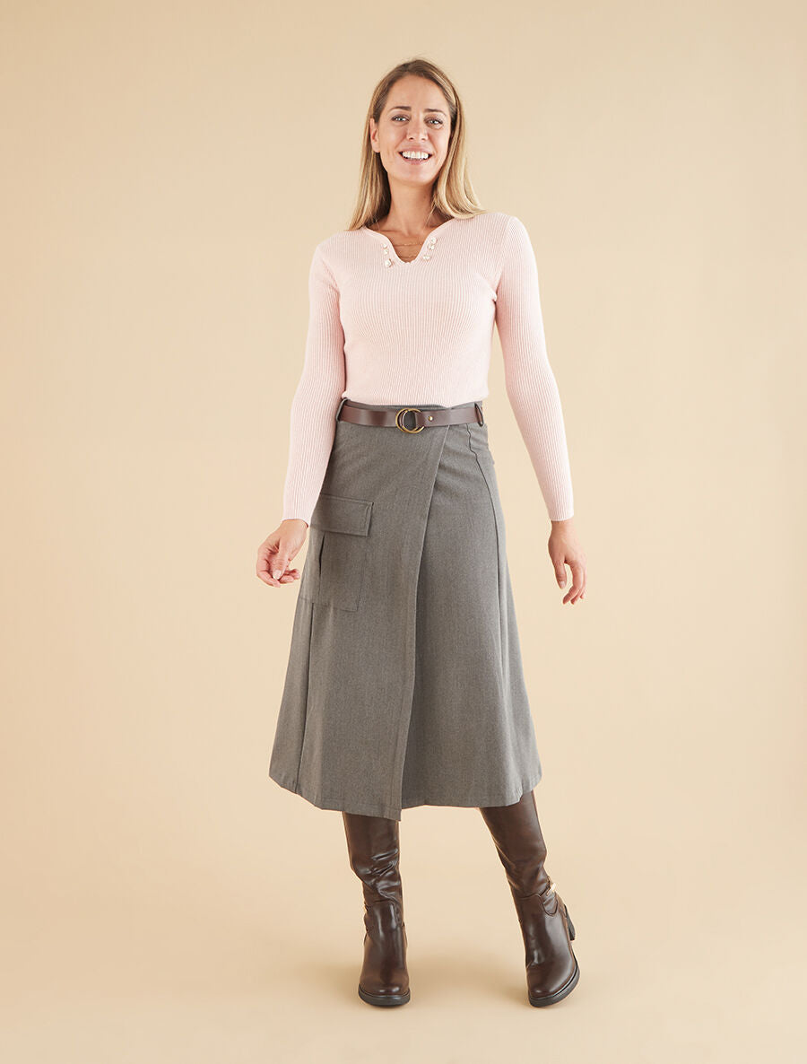 Jupe portefeuille ceinturée - Gris - 4