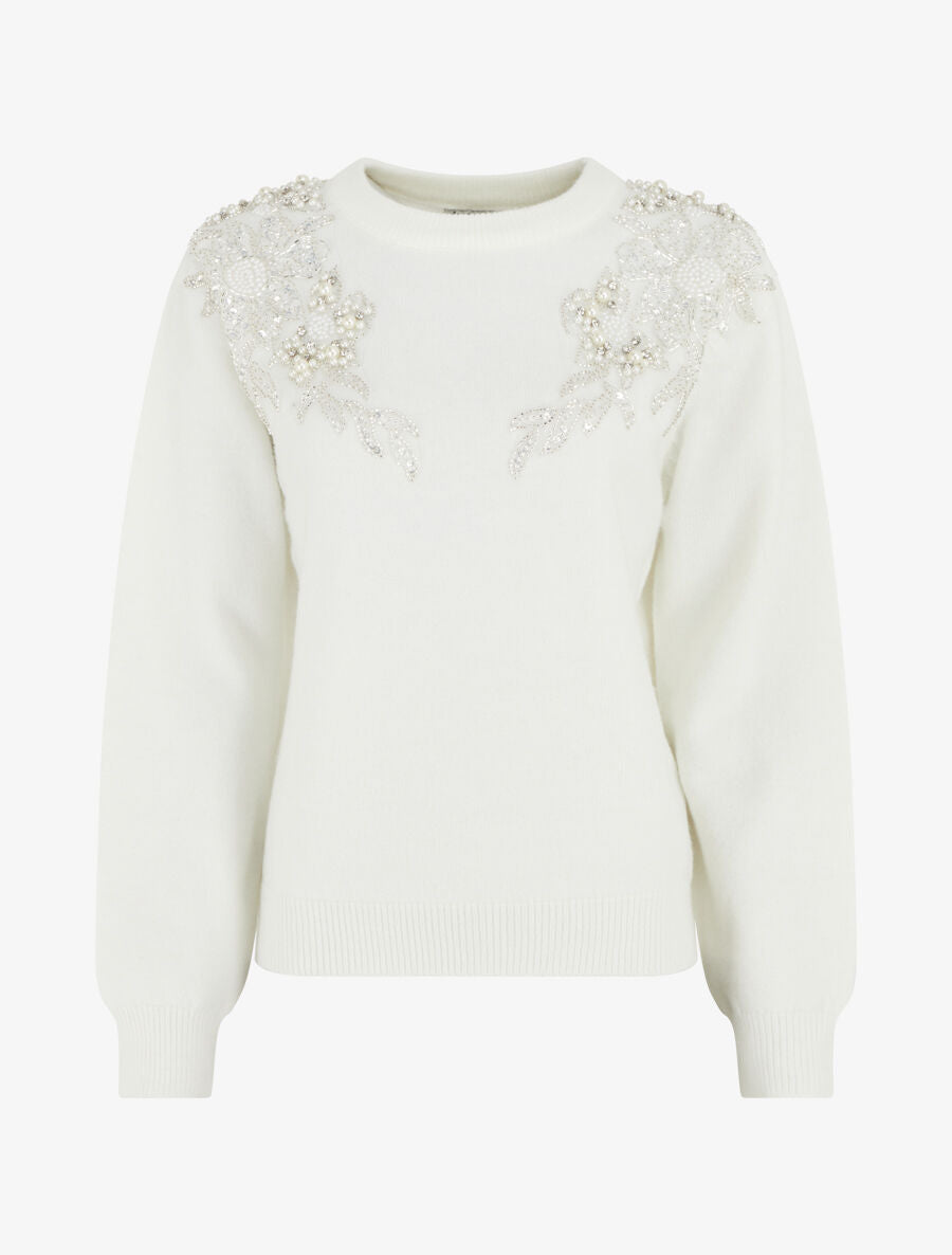 Pull uni orné de perles et strass - Blanc - 4