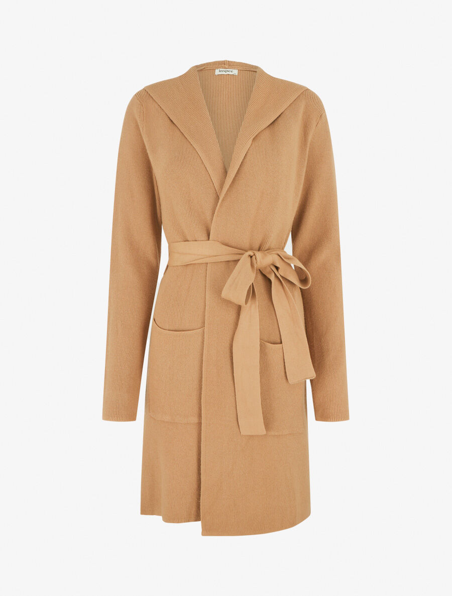 Gilet long côtelé à capuche - Camel - 1