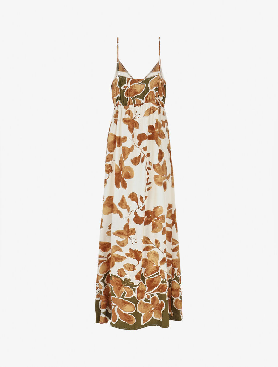 Robe longue à fines bretelles imprimé feuillage - Marron - 2