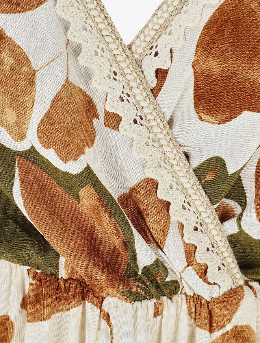 Robe longue à fines bretelles imprimé feuillage - Marron - 3